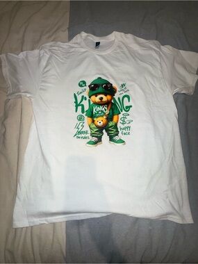 Gildan White T‑Shirt with Green Teddy Bear Graphic
